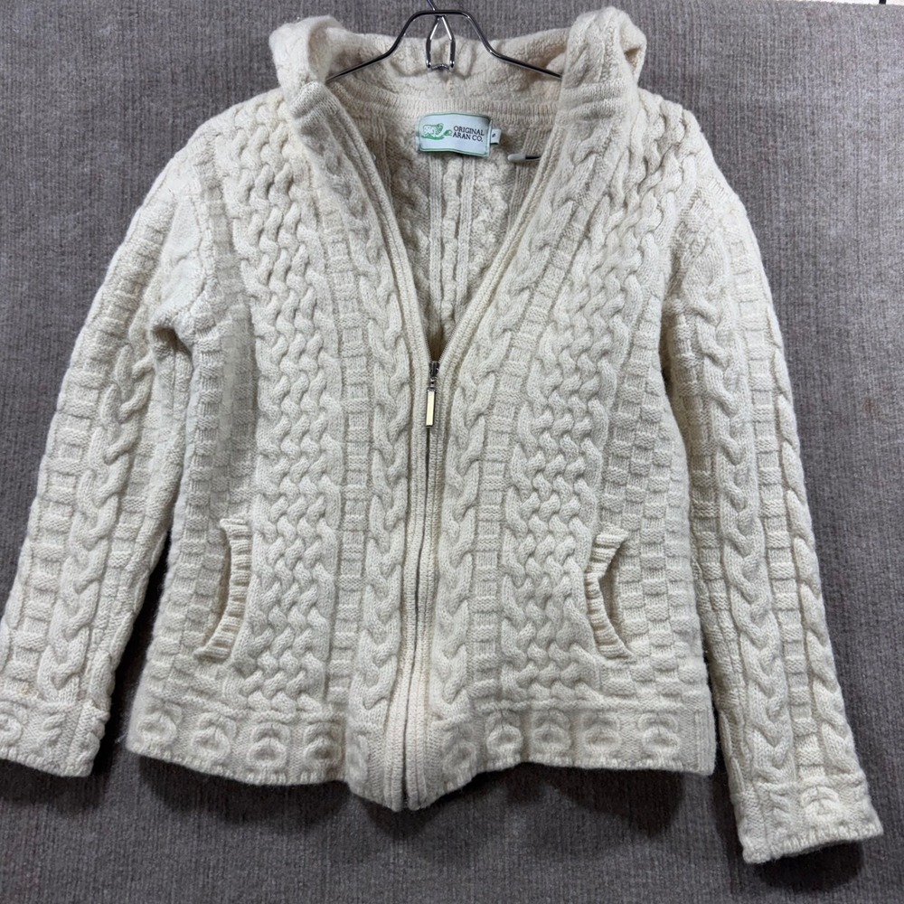 Original Aran Co Merino Wool Cable Knit Zip Hoodie Cream XS Small Read